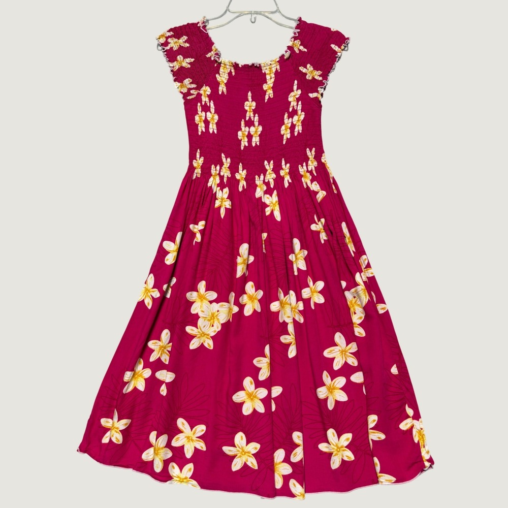 Favant Hawaii Pink Plumeria Floral Smocked Midi Dress One Size Tropical Rayon